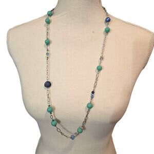 Necklace Long Beaded Silver Tone Chain Acrylic Glass Faceted Beads 32" Teal Blue